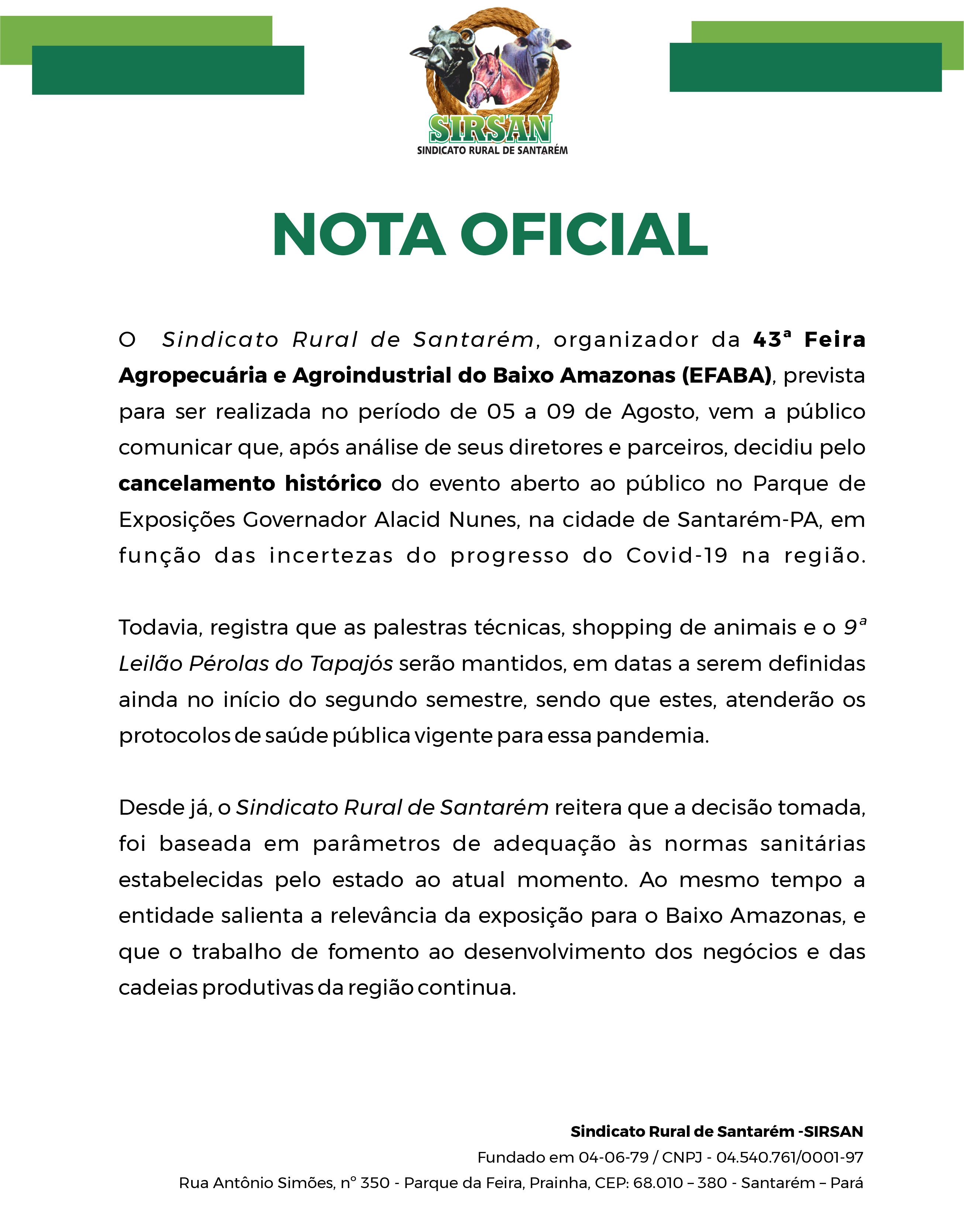 CANCELAMENTO -  FEIRA AGROPECUÁRIA 2020